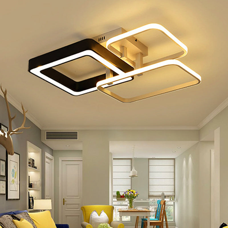 3/4 Lights Living Room Semi Flush Mount Light with Squared Acrylic Shade Modern Black and White Ceiling Mounted Light 3 Black-White Clearhalo 'Ceiling Lights' 'Close To Ceiling Lights' 'Close to ceiling' 'Semi-flushmount' Lighting' 242843