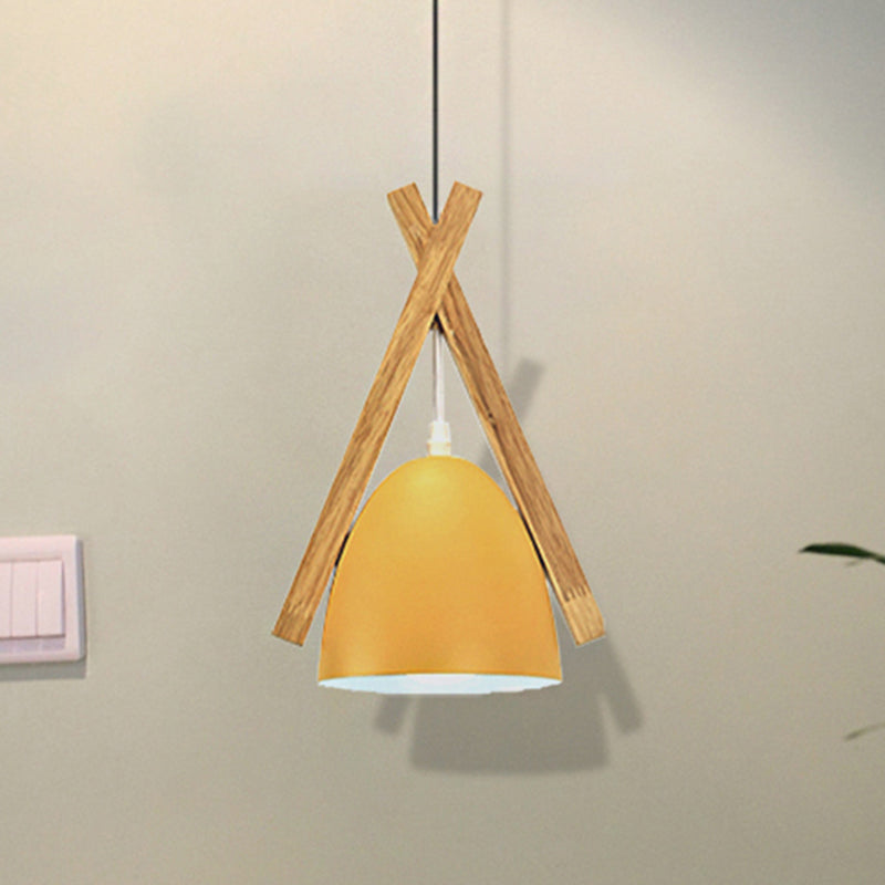 Bowl Shape Hanging Light with Linear Wood Deco Macaron Loft Aluminum Pendant Light for Hallway Yellow Clearhalo 'Ceiling Lights' 'Modern Pendants' 'Modern' 'Pendant Lights' 'Pendants' Lighting' 242853