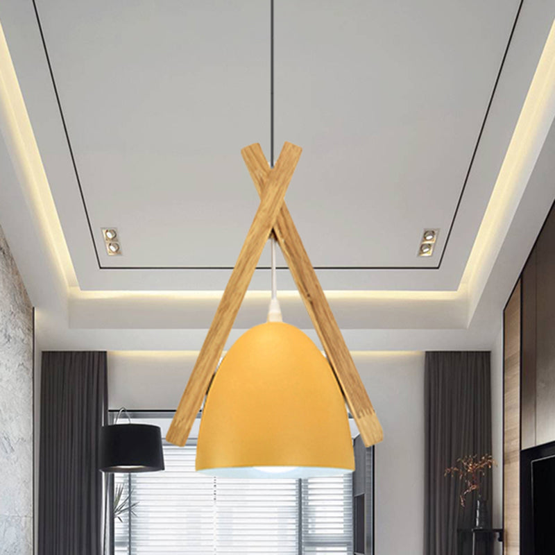 Bowl Shape Hanging Light with Linear Wood Deco Macaron Loft Aluminum Pendant Light for Hallway Clearhalo 'Ceiling Lights' 'Modern Pendants' 'Modern' 'Pendant Lights' 'Pendants' Lighting' 242854