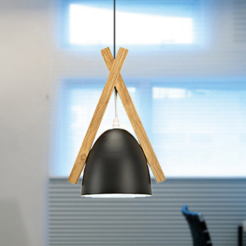 Bowl Shape Hanging Light with Linear Wood Deco Macaron Loft Aluminum Pendant Light for Hallway Black Clearhalo 'Ceiling Lights' 'Modern Pendants' 'Modern' 'Pendant Lights' 'Pendants' Lighting' 242855