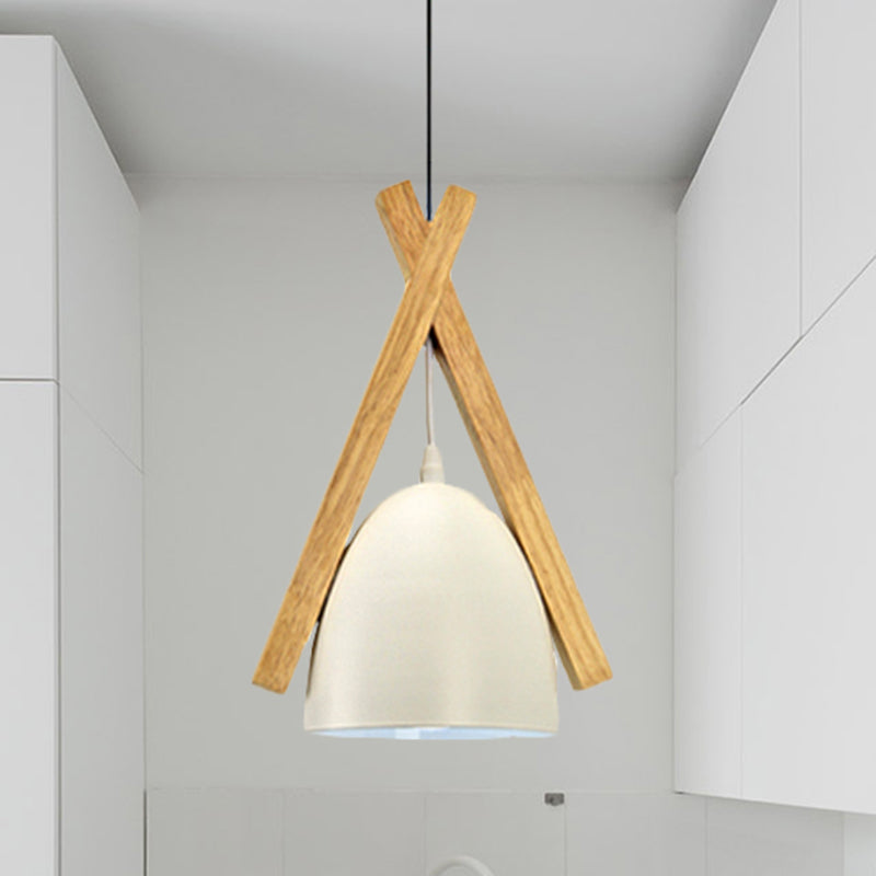 Bowl Shape Hanging Light with Linear Wood Deco Macaron Loft Aluminum Pendant Light for Hallway White Clearhalo 'Ceiling Lights' 'Modern Pendants' 'Modern' 'Pendant Lights' 'Pendants' Lighting' 242857