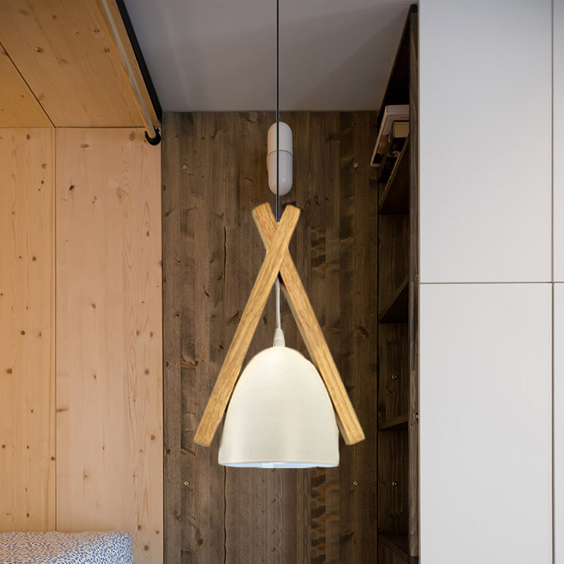 Bowl Shape Hanging Light with Linear Wood Deco Macaron Loft Aluminum Pendant Light for Hallway Clearhalo 'Ceiling Lights' 'Modern Pendants' 'Modern' 'Pendant Lights' 'Pendants' Lighting' 242858