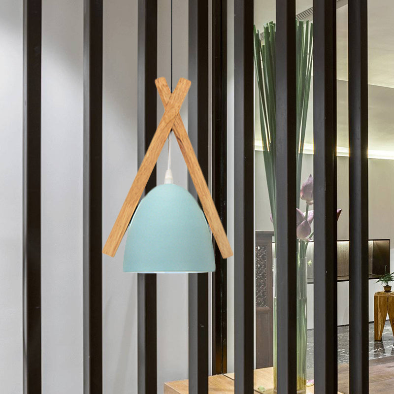 Bowl Shape Hanging Light with Linear Wood Deco Macaron Loft Aluminum Pendant Light for Hallway Blue Clearhalo 'Ceiling Lights' 'Modern Pendants' 'Modern' 'Pendant Lights' 'Pendants' Lighting' 242859