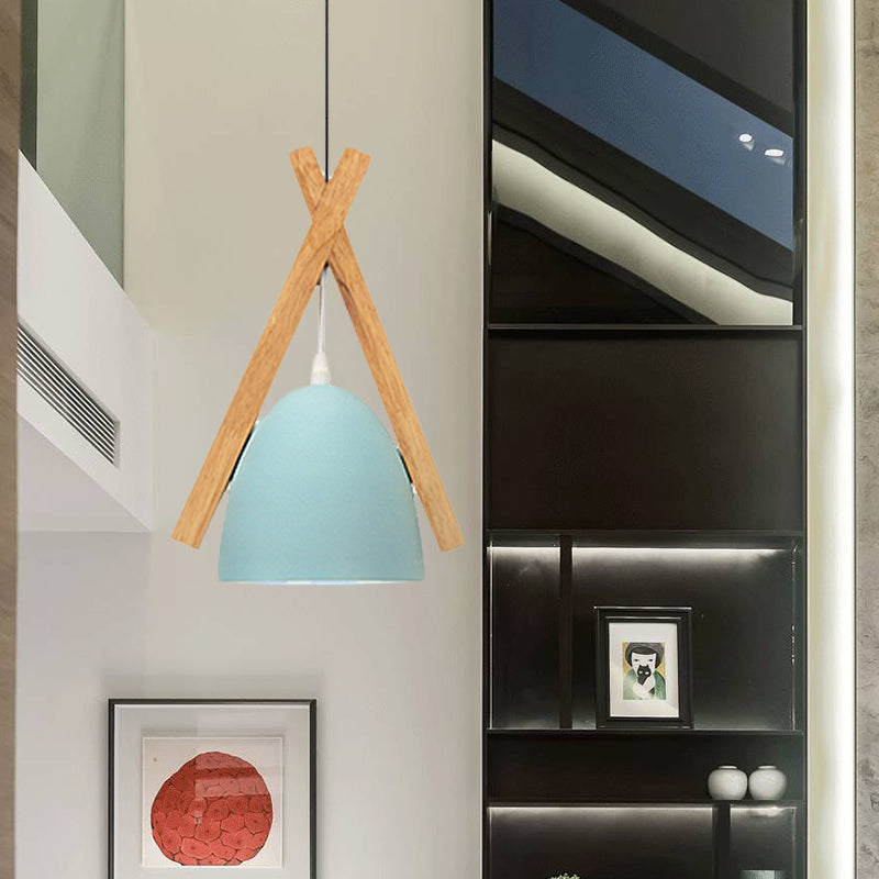 Bowl Shape Hanging Light with Linear Wood Deco Macaron Loft Aluminum Pendant Light for Hallway Clearhalo 'Ceiling Lights' 'Modern Pendants' 'Modern' 'Pendant Lights' 'Pendants' Lighting' 242860