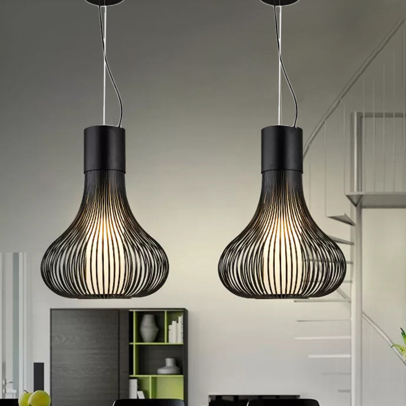 Gourd Wire Cage Ceiling Lamp with Inner Cylinder Shade Metal Contemporary 1 Light Black/White Pendant Light for Dining Room Black Clearhalo 'Ceiling Lights' 'Modern Pendants' 'Modern' 'Pendant Lights' 'Pendants' Lighting' 243003