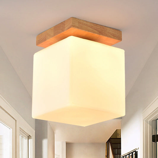 Porch Cube Shape Flush Ceiling Light Wood & Glass 1 Head Japanese Stylish White Ceiling Lamp White Clearhalo 'Ceiling Lights' 'Close To Ceiling Lights' 'Close to ceiling' 'Glass shade' 'Glass' 'Semi-flushmount' Lighting' 243025