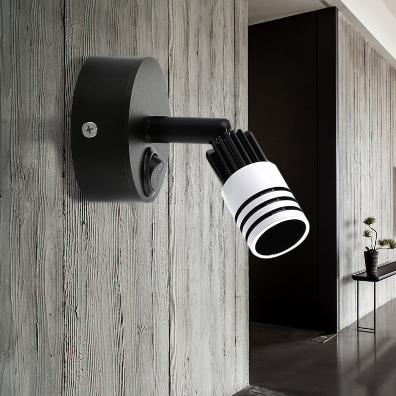 Cylindrical Metal Wall Mounted Light Contemporary LED Black/White Sconce Light Fixture in Warm/White Light Black With Switch Clearhalo 'Cast Iron' 'Glass' 'Industrial' 'Modern wall lights' 'Modern' 'Tiffany' 'Traditional wall lights' 'Wall Lamps & Sconces' 'Wall Lights' Lighting' 243091