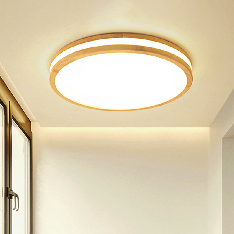 Japanese Style Circle Flush Ceiling Light Acrylic and Wood 12"/16"/19.5"/23.5 inch Wide LED Ceiling Lamp in Beige for Porch Wood Warm Clearhalo 'Ceiling Lights' 'Close To Ceiling Lights' 'Close to ceiling' 'Flush mount' Lighting' 243098