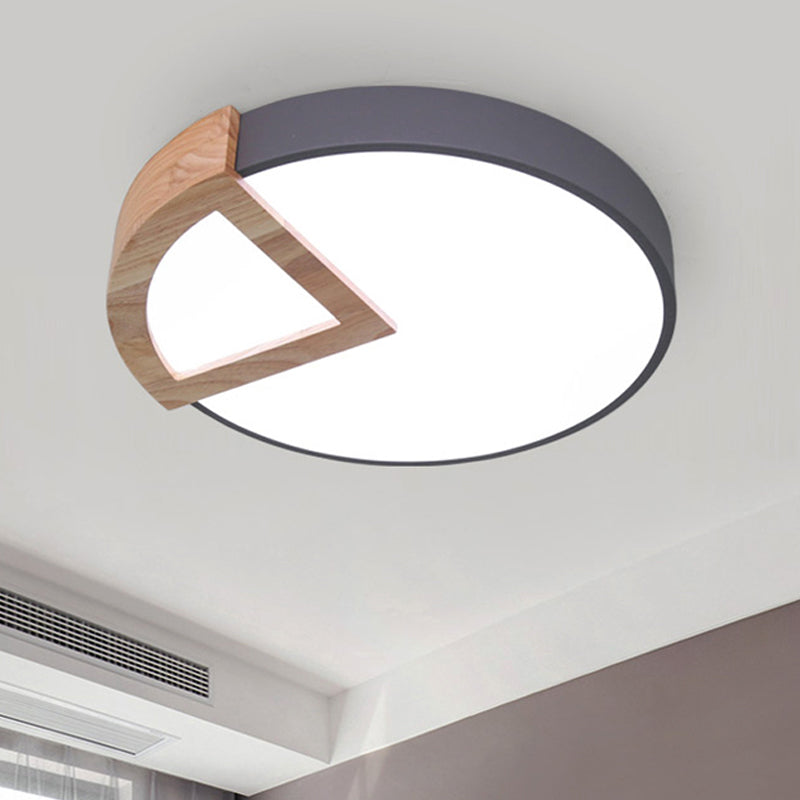 Kindergarten Flat Round Flush Ceiling Light with Wood Triangle Acrylic Nordic Green/Grey/Pink/Yellow/White LED Ceiling Lamp in Warm/White Grey Clearhalo 'Ceiling Lights' 'Close To Ceiling Lights' 'Close to ceiling' 'Flush mount' Lighting' 243120