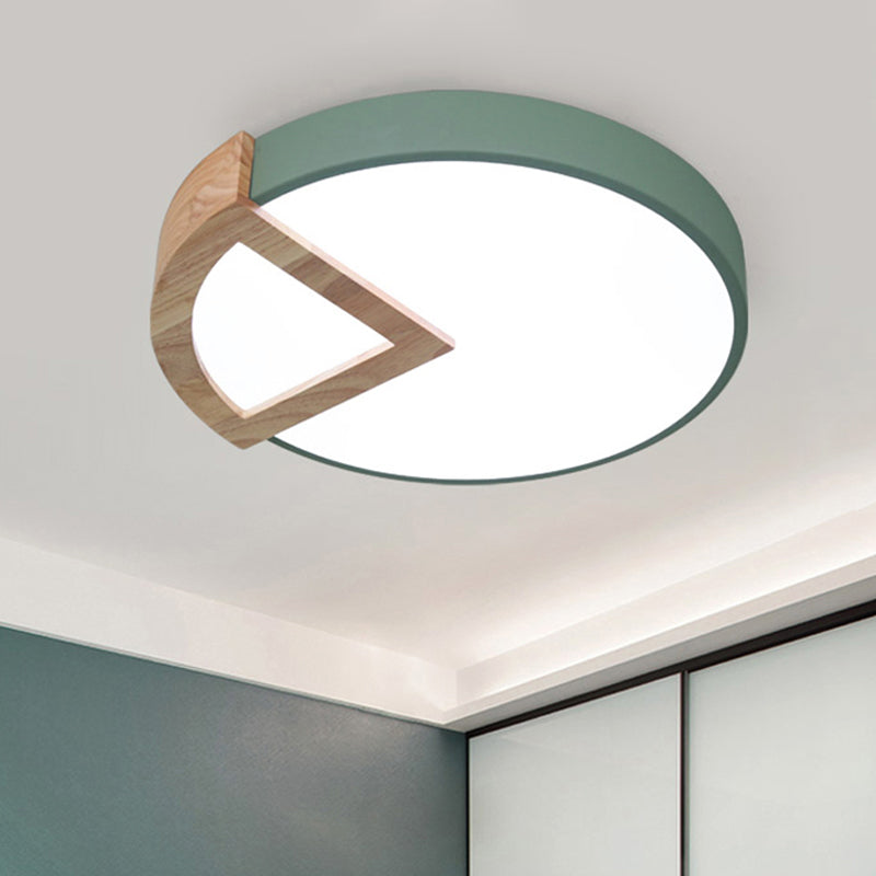 Kindergarten Flat Round Flush Ceiling Light with Wood Triangle Acrylic Nordic Green/Grey/Pink/Yellow/White LED Ceiling Lamp in Warm/White Green Clearhalo 'Ceiling Lights' 'Close To Ceiling Lights' 'Close to ceiling' 'Flush mount' Lighting' 243122