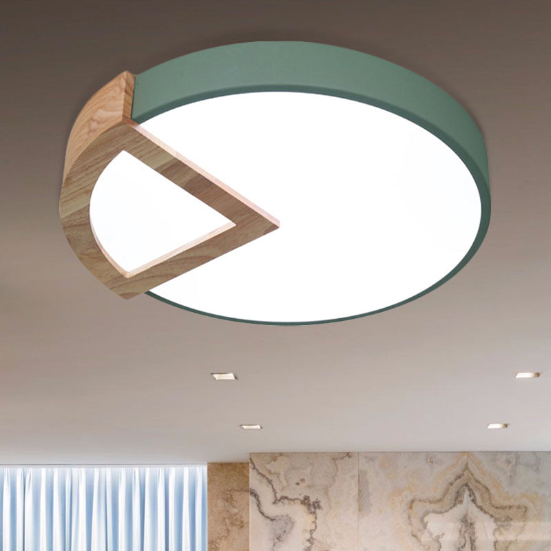 Kindergarten Flat Round Flush Ceiling Light with Wood Triangle Acrylic Nordic Green/Grey/Pink/Yellow/White LED Ceiling Lamp in Warm/White Clearhalo 'Ceiling Lights' 'Close To Ceiling Lights' 'Close to ceiling' 'Flush mount' Lighting' 243123