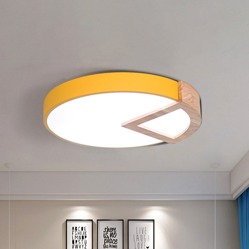 Kindergarten Flat Round Flush Ceiling Light with Wood Triangle Acrylic Nordic Green/Grey/Pink/Yellow/White LED Ceiling Lamp in Warm/White Yellow Clearhalo 'Ceiling Lights' 'Close To Ceiling Lights' 'Close to ceiling' 'Flush mount' Lighting' 243124