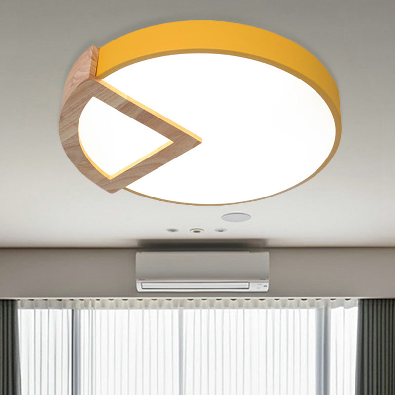 Kindergarten Flat Round Flush Ceiling Light with Wood Triangle Acrylic Nordic Green/Grey/Pink/Yellow/White LED Ceiling Lamp in Warm/White Clearhalo 'Ceiling Lights' 'Close To Ceiling Lights' 'Close to ceiling' 'Flush mount' Lighting' 243125