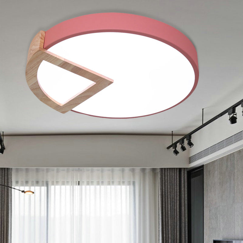 Kindergarten Flat Round Flush Ceiling Light with Wood Triangle Acrylic Nordic Green/Grey/Pink/Yellow/White LED Ceiling Lamp in Warm/White Pink Clearhalo 'Ceiling Lights' 'Close To Ceiling Lights' 'Close to ceiling' 'Flush mount' Lighting' 243126