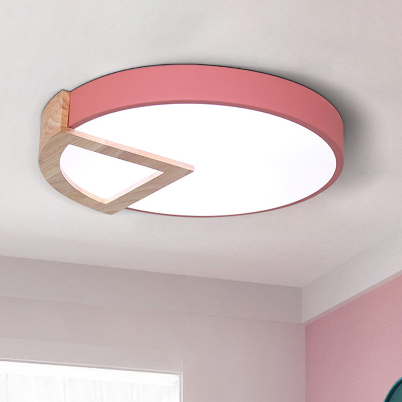 Kindergarten Flat Round Flush Ceiling Light with Wood Triangle Acrylic Nordic Green/Grey/Pink/Yellow/White LED Ceiling Lamp in Warm/White Clearhalo 'Ceiling Lights' 'Close To Ceiling Lights' 'Close to ceiling' 'Flush mount' Lighting' 243127