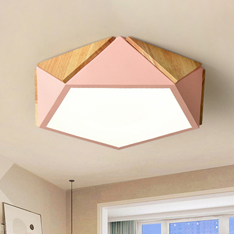 Pentagon Study Room Ceiling Lamp Acrylic & Wood Macron Style 16.5"/20.5" Wide LED Ceiling Mount Light in Green/Pink/Yellow Pink Clearhalo 'Ceiling Lights' 'Close To Ceiling Lights' 'Close to ceiling' 'Flush mount' Lighting' 243289