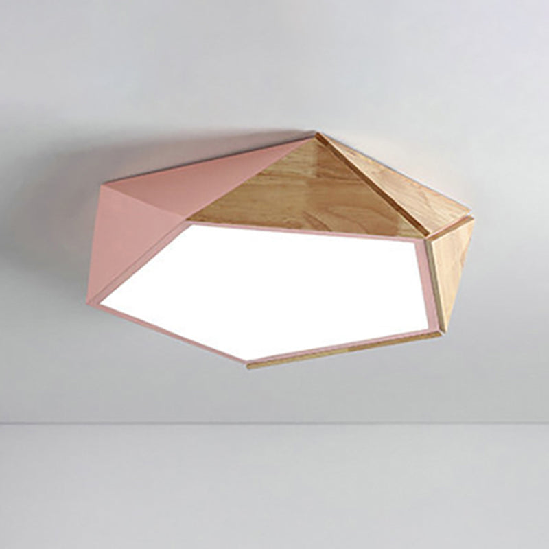 Pentagon Study Room Ceiling Lamp Acrylic & Wood Macron Style 16.5"/20.5" Wide LED Ceiling Mount Light in Green/Pink/Yellow Clearhalo 'Ceiling Lights' 'Close To Ceiling Lights' 'Close to ceiling' 'Flush mount' Lighting' 243290