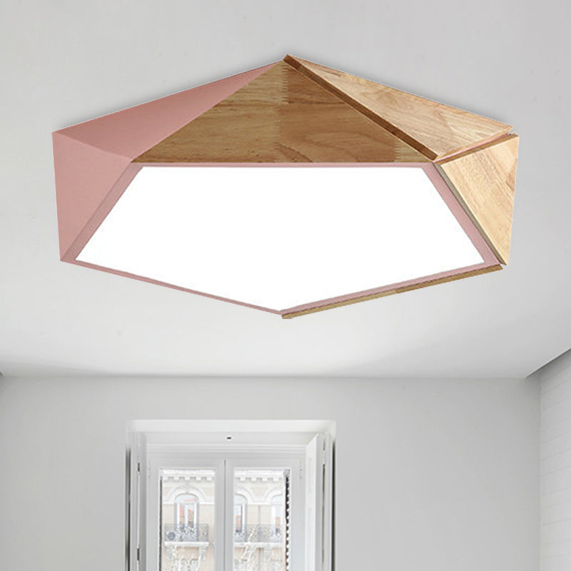 Pentagon Study Room Ceiling Lamp Acrylic & Wood Macron Style 16.5"/20.5" Wide LED Ceiling Mount Light in Green/Pink/Yellow Clearhalo 'Ceiling Lights' 'Close To Ceiling Lights' 'Close to ceiling' 'Flush mount' Lighting' 243291