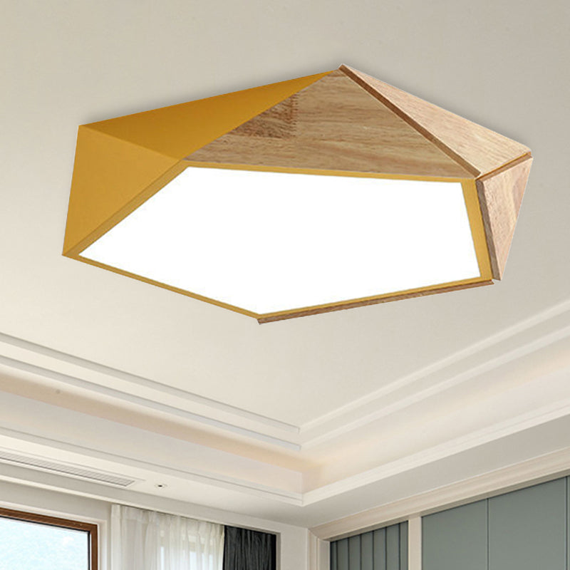 Pentagon Study Room Ceiling Lamp Acrylic & Wood Macron Style 16.5"/20.5" Wide LED Ceiling Mount Light in Green/Pink/Yellow Yellow Clearhalo 'Ceiling Lights' 'Close To Ceiling Lights' 'Close to ceiling' 'Flush mount' Lighting' 243292