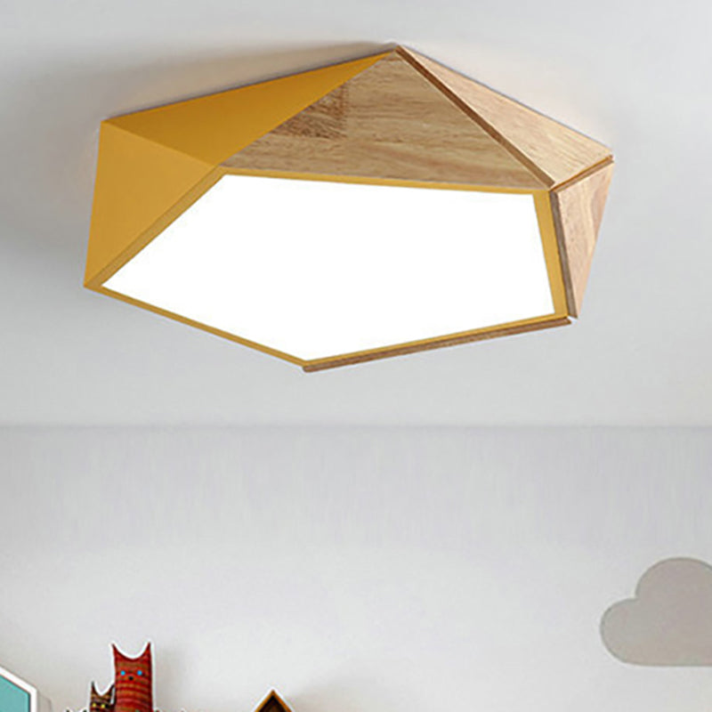 Pentagon Study Room Ceiling Lamp Acrylic & Wood Macron Style 16.5"/20.5" Wide LED Ceiling Mount Light in Green/Pink/Yellow Clearhalo 'Ceiling Lights' 'Close To Ceiling Lights' 'Close to ceiling' 'Flush mount' Lighting' 243294