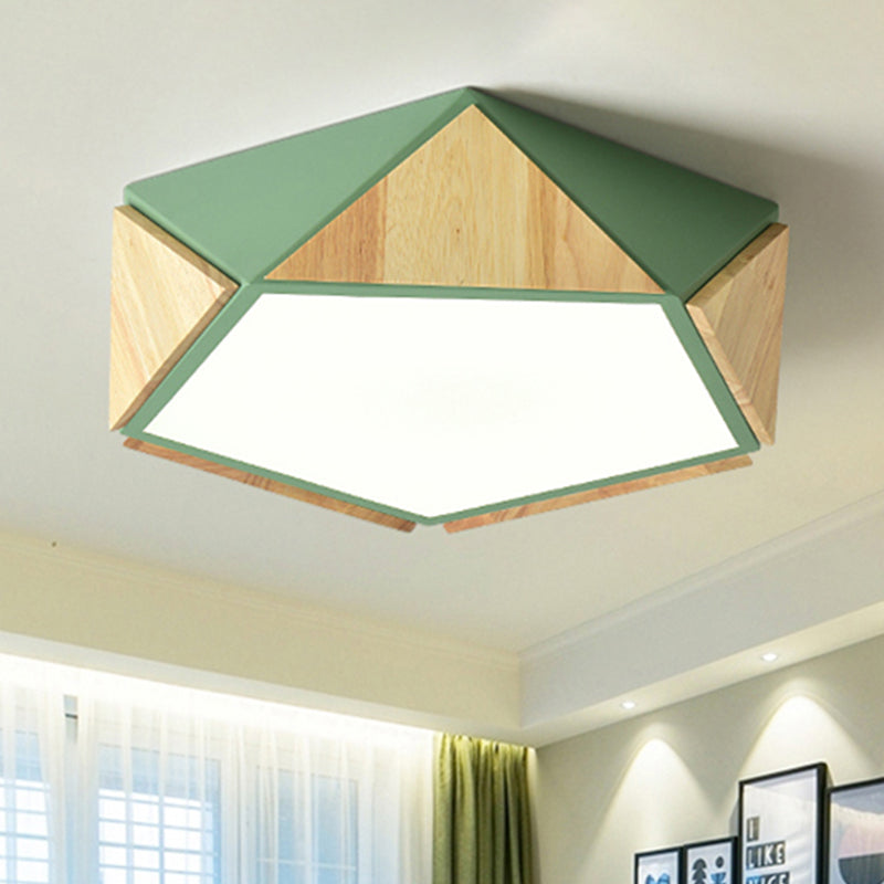 Pentagon Study Room Ceiling Lamp Acrylic & Wood Macron Style 16.5"/20.5" Wide LED Ceiling Mount Light in Green/Pink/Yellow Green Clearhalo 'Ceiling Lights' 'Close To Ceiling Lights' 'Close to ceiling' 'Flush mount' Lighting' 243295