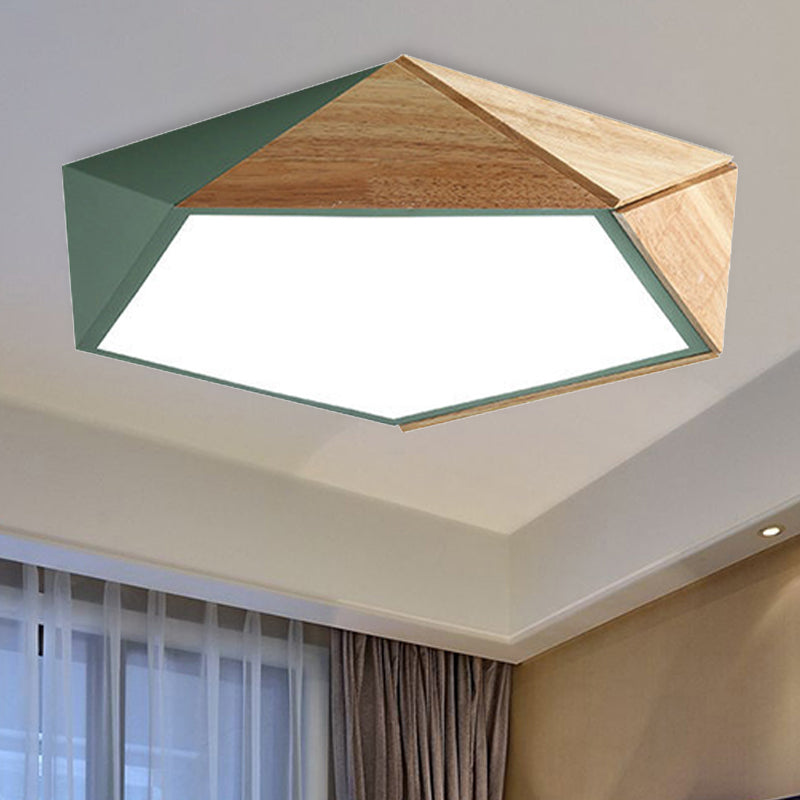 Pentagon Study Room Ceiling Lamp Acrylic & Wood Macron Style 16.5"/20.5" Wide LED Ceiling Mount Light in Green/Pink/Yellow Clearhalo 'Ceiling Lights' 'Close To Ceiling Lights' 'Close to ceiling' 'Flush mount' Lighting' 243296