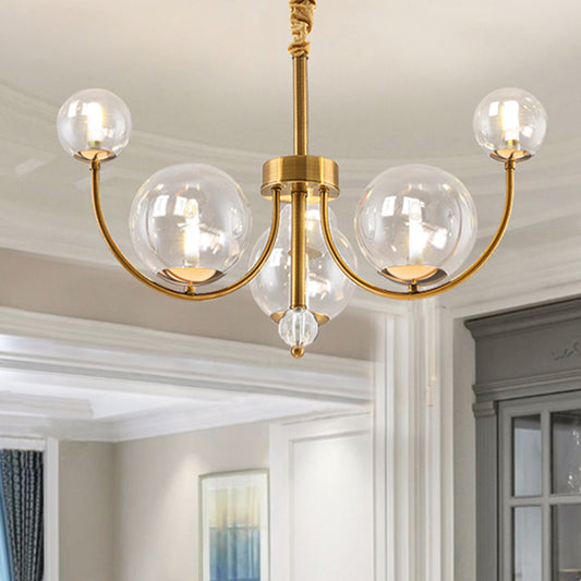 Living Room Arched Arm Chandelier with Globe Glass Shade Metal Elegant Style Gold Pendant Light 6 Gold Clearhalo 'Ceiling Lights' 'Chandeliers' 'Modern Chandeliers' 'Modern' Lighting' 243301
