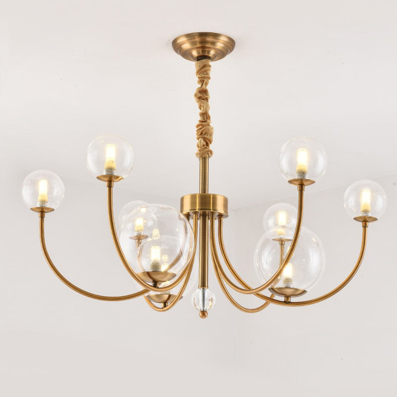 Living Room Arched Arm Chandelier with Globe Glass Shade Metal Elegant Style Gold Pendant Light 9 Gold Clearhalo 'Ceiling Lights' 'Chandeliers' 'Modern Chandeliers' 'Modern' Lighting' 243303