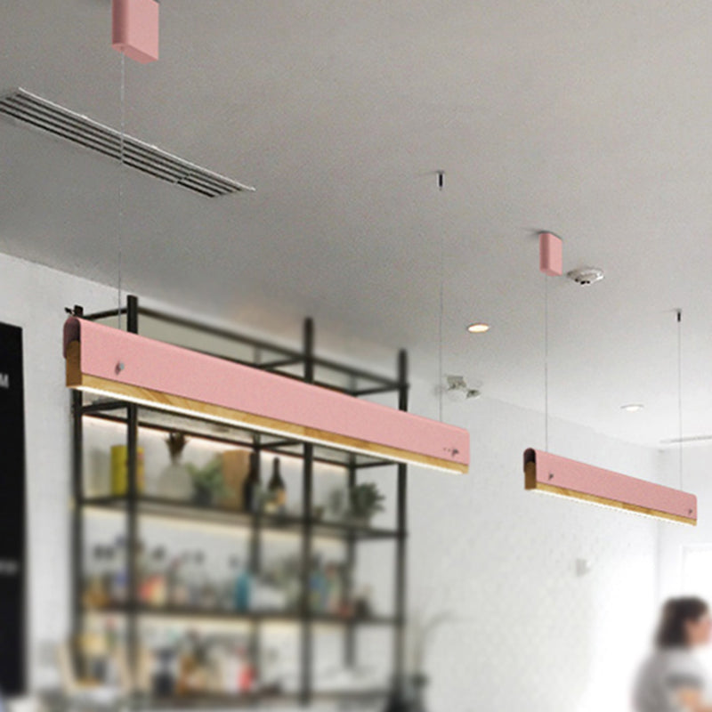 Rectangle Ceiling Pendant Light Modernism Wood and Metal 23.5"/35.5"/47" Wide 1 Light White/Pink/Yellow Hanging Lamp Kit Pink Clearhalo 'Ceiling Lights' 'Modern Pendants' 'Modern' 'Pendant Lights' 'Pendants' Lighting' 243476