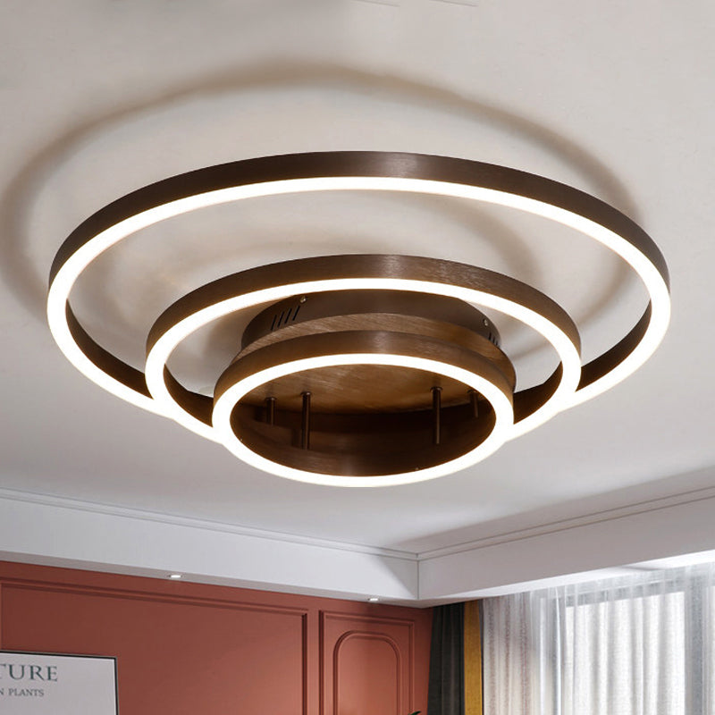 Black/Brown 1/2/3-Ring Semi Flush Light Contemporary LED Acrylic Ceiling Mounted Fixture in Warm/White/Natural Light, 16.5"/19.5"/23.5" Wide Brown 16"+19.5"+23.5" Clearhalo 'Ceiling Lights' 'Close To Ceiling Lights' 'Close to ceiling' 'Semi-flushmount' Lighting' 243494