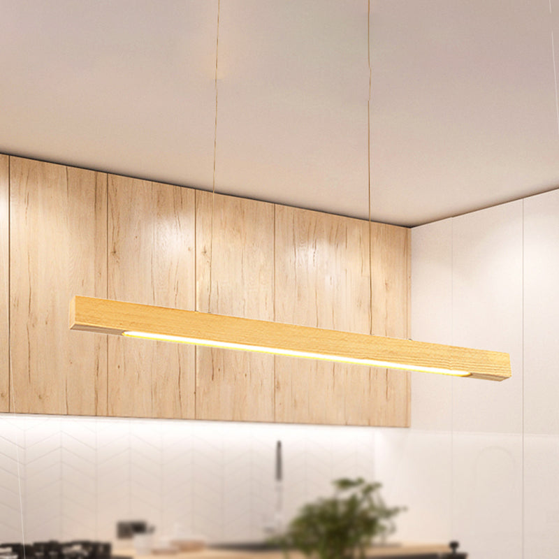 Linear LED Pendant Modern Japanese Style Wood Single Light Beige Ceiling Lamp in Warm/White Light for Dining Room Wood Warm Clearhalo 'Ceiling Lights' 'Pendant Lights' 'Pendants' Lighting' 243500_593496a6-9bb6-44b0-b63b-1aa308111ad4