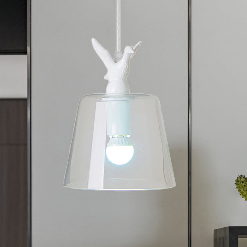 Cylindrical/Barrel shaped Pendant Lighting Modernist 1/5 Lights Clear Glass White Hanging Lamp with Bird Design 1 White Barrel Clearhalo 'Ceiling Lights' 'Glass shade' 'Glass' 'Modern Pendants' 'Modern' 'Pendant Lights' 'Pendants' Lighting' 243680