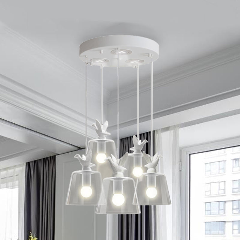 Cylindrical/Barrel shaped Pendant Lighting Modernist 1/5 Lights Clear Glass White Hanging Lamp with Bird Design 5 White Barrel Clearhalo 'Ceiling Lights' 'Glass shade' 'Glass' 'Modern Pendants' 'Modern' 'Pendant Lights' 'Pendants' Lighting' 243682