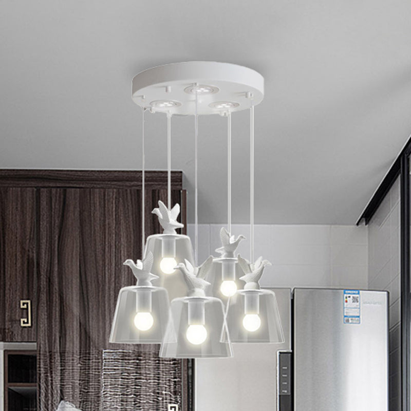 Cylindrical/Barrel shaped Pendant Lighting Modernist 1/5 Lights Clear Glass White Hanging Lamp with Bird Design Clearhalo 'Ceiling Lights' 'Glass shade' 'Glass' 'Modern Pendants' 'Modern' 'Pendant Lights' 'Pendants' Lighting' 243683