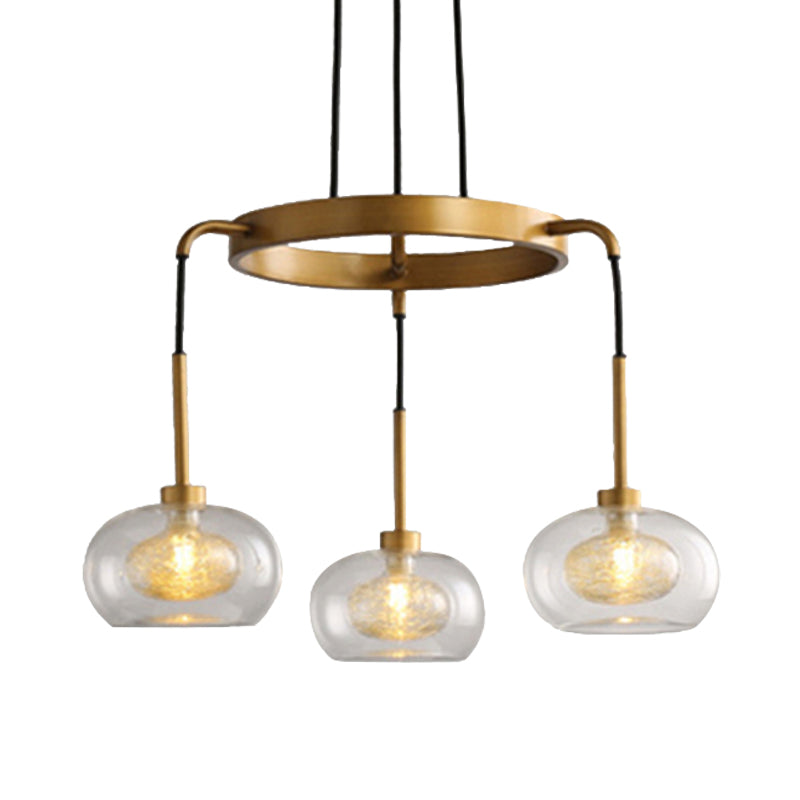 Gold Oval Chandelier Lighting Post-Modern 3 Lights Clear Glass Led Pendant Light Fixture with Ring Design Clearhalo 'Ceiling Lights' 'Chandeliers' 'Glass shade' 'Glass' 'Modern Chandeliers' 'Modern' Lighting' 243814