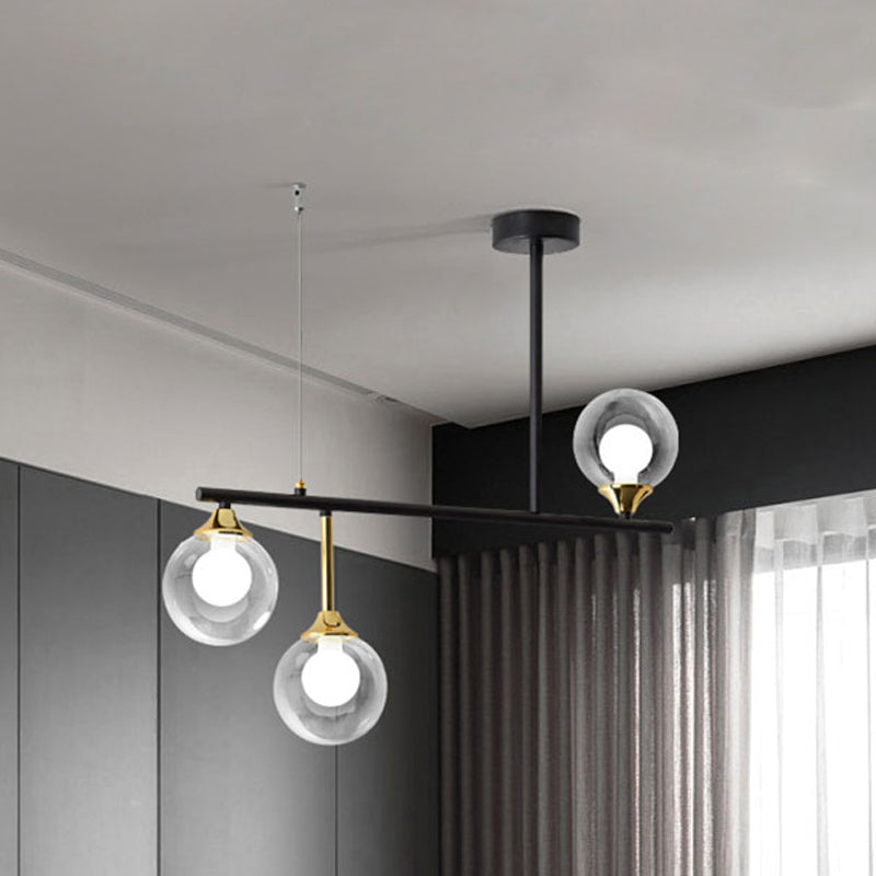 Glass Ball Shade Island Chandelier Dining Room Triple Light Modern Simple Metallic Hanging Lamp in Black Black Clearhalo 'Ceiling Lights' 'Island Lights' Lighting' 243843