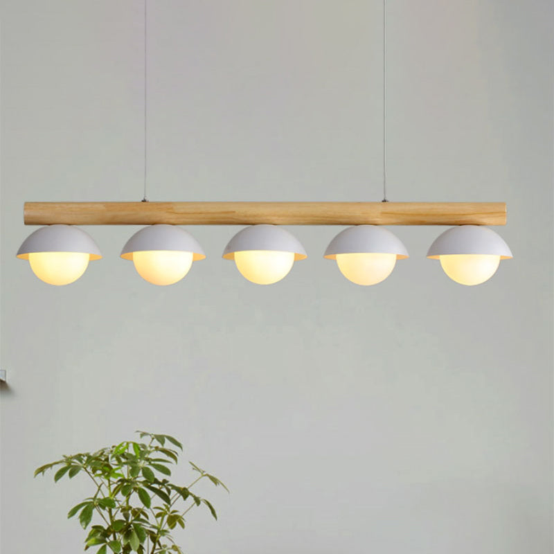 Modern Simple Linear Chandelier Wood Stem 5/7 Lights White Shade Billiard Lights for Restaurant 5 Wood Clearhalo 'Ceiling Lights' 'Island Lights' Lighting' 243918