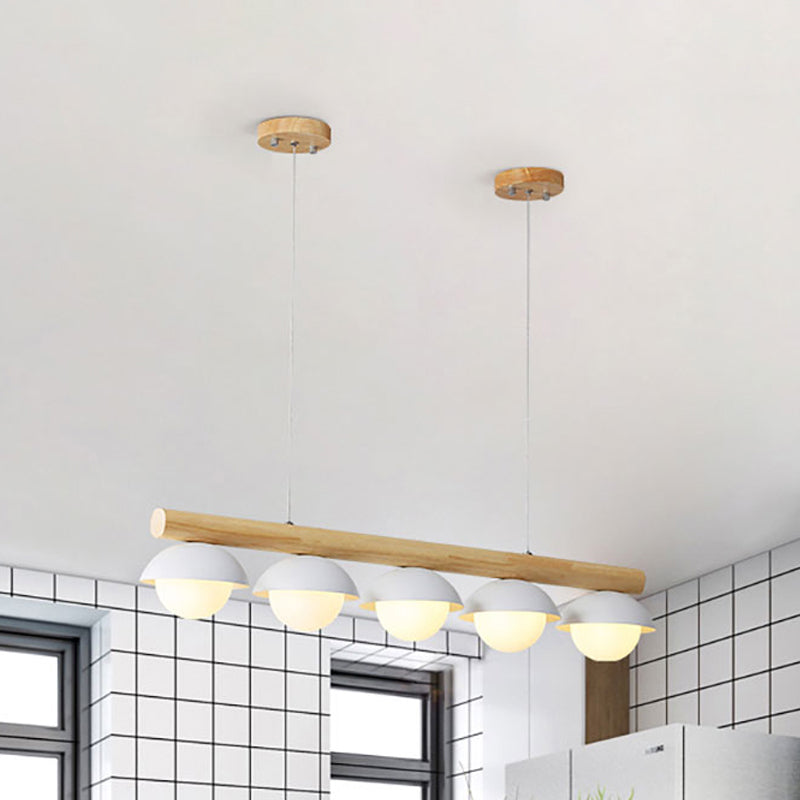 Modern Simple Linear Chandelier Wood Stem 5/7 Lights White Shade Billiard Lights for Restaurant Clearhalo 'Ceiling Lights' 'Island Lights' Lighting' 243919