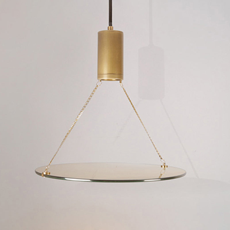 Simplicity Cylinder Hanging Ceiling Light Brass LED Dining Room Drop Pendant in Warm/Natural Light with Tempered Glass Disc Brass Clearhalo 'Ceiling Lights' 'Glass shade' 'Glass' 'Modern Pendants' 'Modern' 'Pendant Lights' 'Pendants' Lighting' 243923