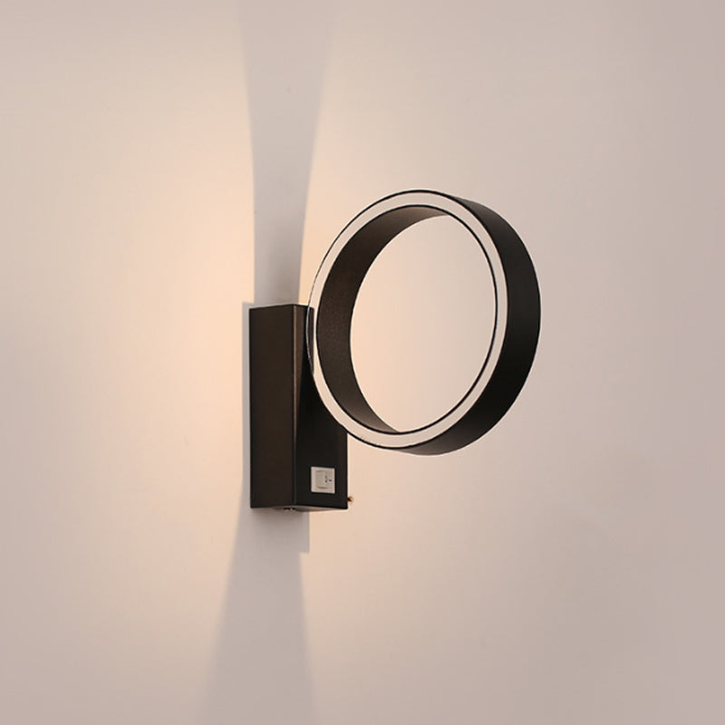 Minimalism Ring Wall Sconce Fixture Aluminum Warm/White Light LED Living Room Wall Lamp with Round/Rectangle Backplate in Black/White Black Rectangle Clearhalo 'Cast Iron' 'Glass' 'Industrial' 'Modern wall lights' 'Modern' 'Tiffany' 'Traditional wall lights' 'Wall Lamps & Sconces' 'Wall Lights' Lighting' 244002