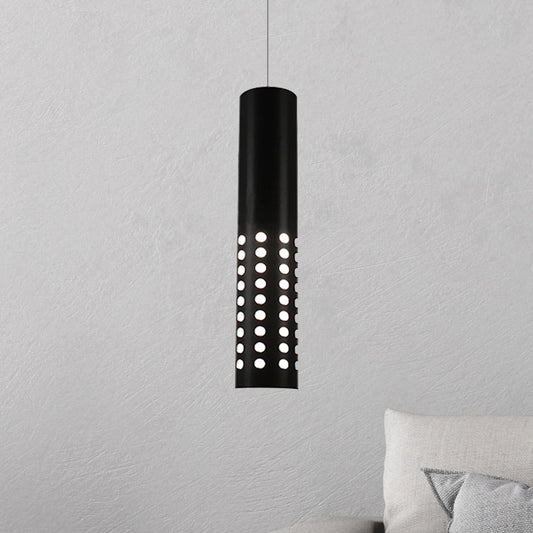 Modern Cylinder Suspension Light with Circle Cut-Outs Metal 1 Light Black Pendant Light Fixture for Living Room in Warm/White Black White Clearhalo 'Ceiling Lights' 'Modern Pendants' 'Modern' 'Pendant Lights' 'Pendants' Lighting' 244048