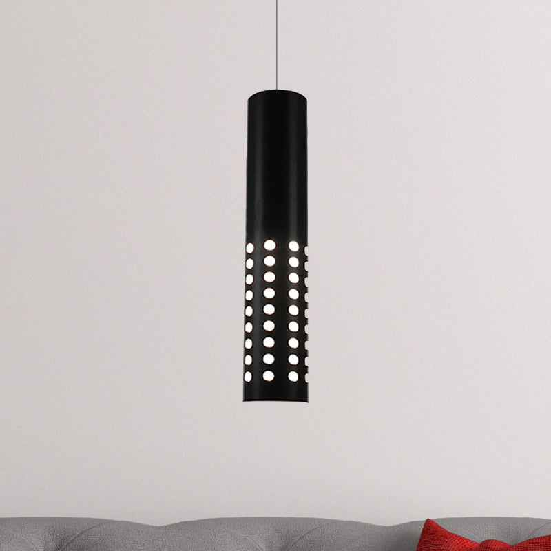 Modern Cylinder Suspension Light with Circle Cut-Outs Metal 1 Light Black Pendant Light Fixture for Living Room in Warm/White Clearhalo 'Ceiling Lights' 'Modern Pendants' 'Modern' 'Pendant Lights' 'Pendants' Lighting' 244049