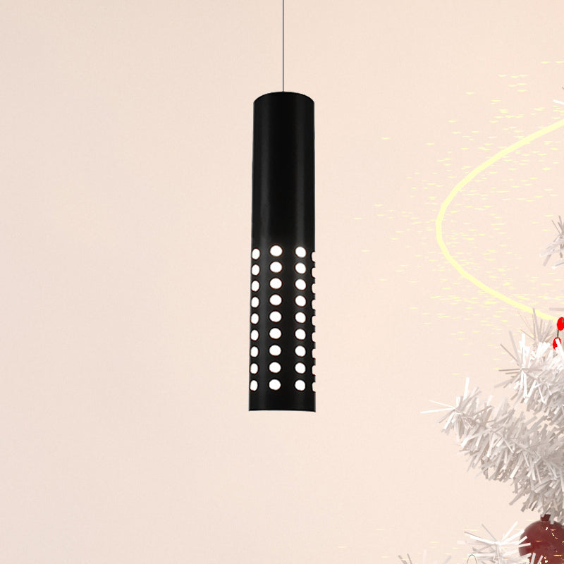 Modern Cylinder Suspension Light with Circle Cut-Outs Metal 1 Light Black Pendant Light Fixture for Living Room in Warm/White Black Warm Clearhalo 'Ceiling Lights' 'Modern Pendants' 'Modern' 'Pendant Lights' 'Pendants' Lighting' 244050