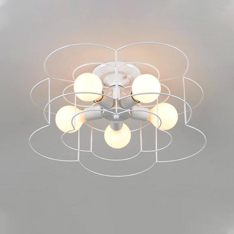 5-Light Bloom Shaped Semi-Flush Mount Modern Simple Wire Caged Ceiling Light in White for Bedroom White Clearhalo 'Ceiling Lights' 'Close To Ceiling Lights' 'Close to ceiling' 'Semi-flushmount' Lighting' 244058