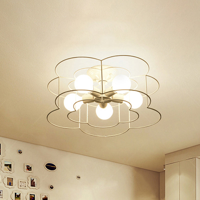 5-Light Bloom Shaped Semi-Flush Mount Modern Simple Wire Caged Ceiling Light in White for Bedroom Clearhalo 'Ceiling Lights' 'Close To Ceiling Lights' 'Close to ceiling' 'Semi-flushmount' Lighting' 244059