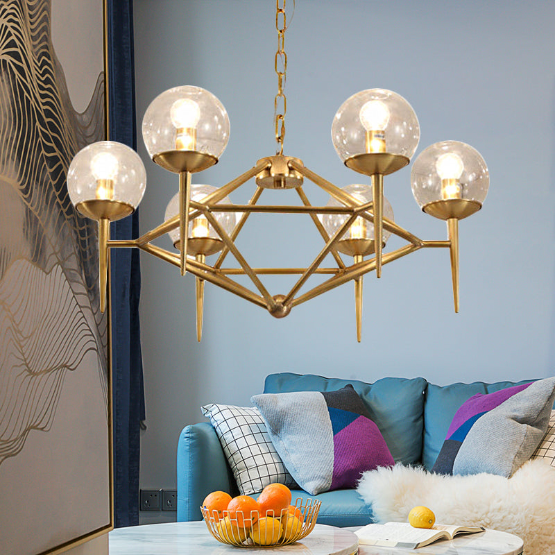 Globe Clear Glass Chandelier Post Modern 6/8 Lights Gold Hanging Light Fixture with Diamond Design 6 Gold Clearhalo 'Ceiling Lights' 'Chandeliers' 'Glass shade' 'Glass' 'Modern Chandeliers' 'Modern' Lighting' 244070