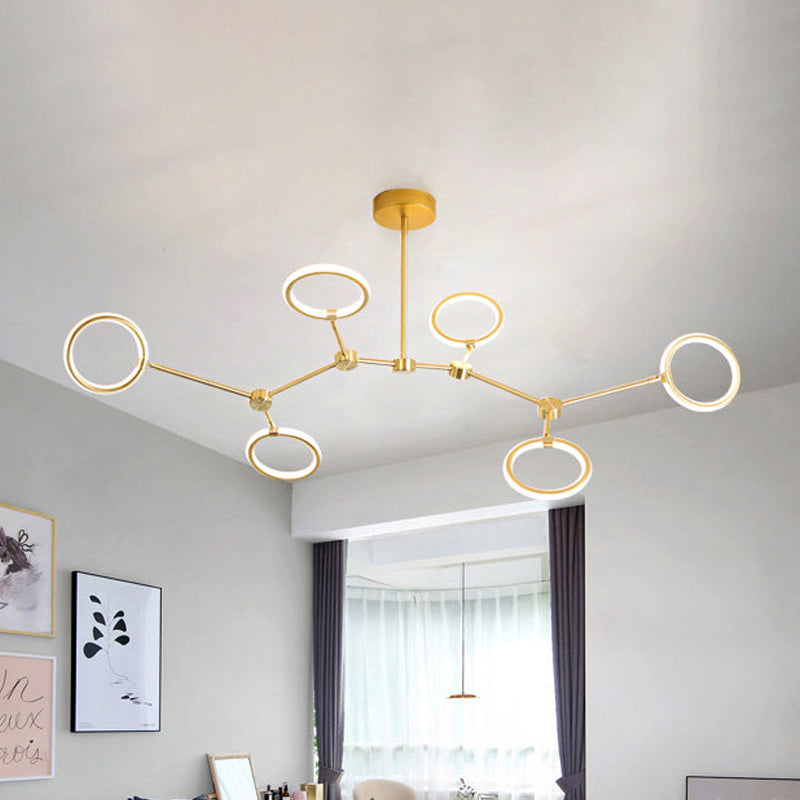 Branch Acrylic Hanging Lamp Modern 5/6/7-Light Gold Chandelier Pendant in White/Warm Light 6 Gold Clearhalo 'Ceiling Lights' 'Chandeliers' 'Modern Chandeliers' 'Modern' Lighting' 244099