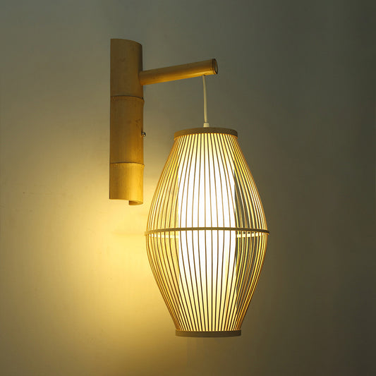 Asian Style Oval Wall Light Sconce with Lantern Design Bamboo 1-Light Living Room Wall Lamp in Beige Beige Clearhalo 'Modern wall lights' 'Modern' 'Wall Lamps & Sconces' 'Wall Lights' Lighting' 244192