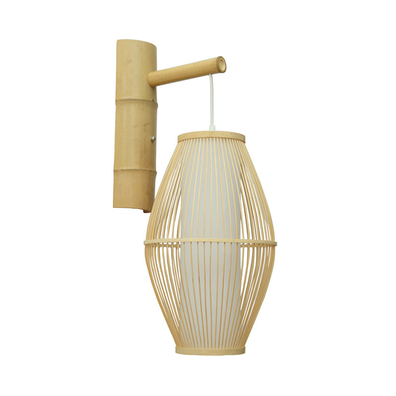 Asian Style Oval Wall Light Sconce with Lantern Design Bamboo 1-Light Living Room Wall Lamp in Beige Clearhalo 'Modern wall lights' 'Modern' 'Wall Lamps & Sconces' 'Wall Lights' Lighting' 244194