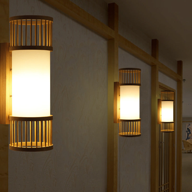 Cylinder Shade Wall Sconce Light Asian Style Bamboo 1-Head Wall Lamp in Beige for Stairway Clearhalo 'Modern wall lights' 'Modern' 'Wall Lamps & Sconces' 'Wall Lights' Lighting' 244196